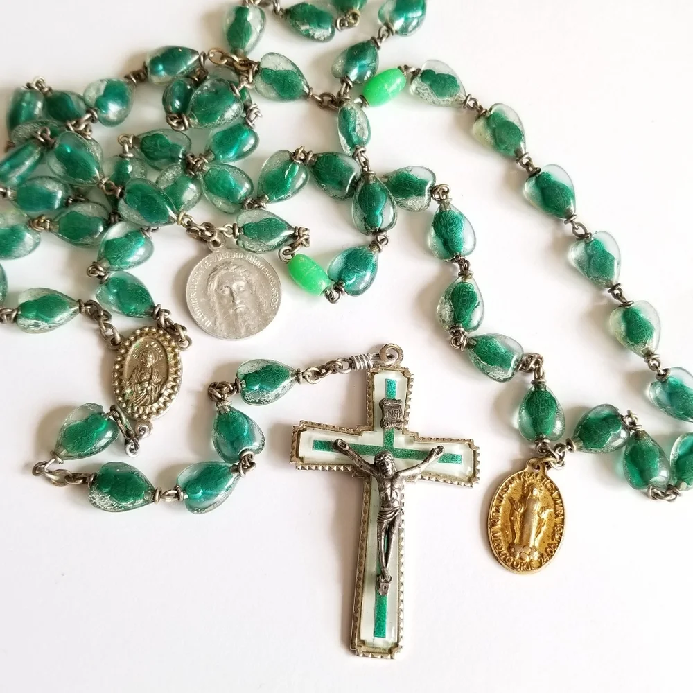 Vintage Saint Jude rosary bubble bead catholic lucite green silver gold tone